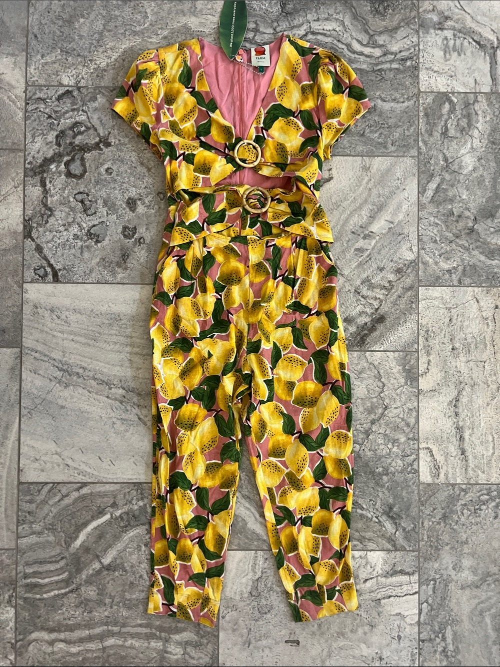 FARM Rio NEW Yellow Lemon & Pink Leaf Print Jumpsuit with Belt